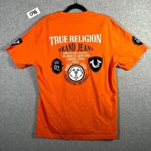 True Religion World Tour T Shirt Mens XL Orange Spell Out Logo Cotton Pullover